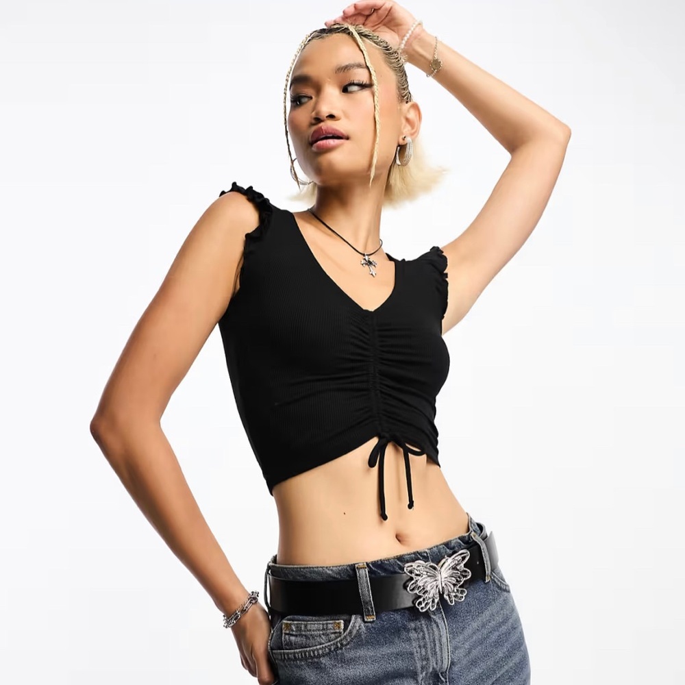 Cotton On Ruched Front Tie Detail Crop Top Black Size XS US 2